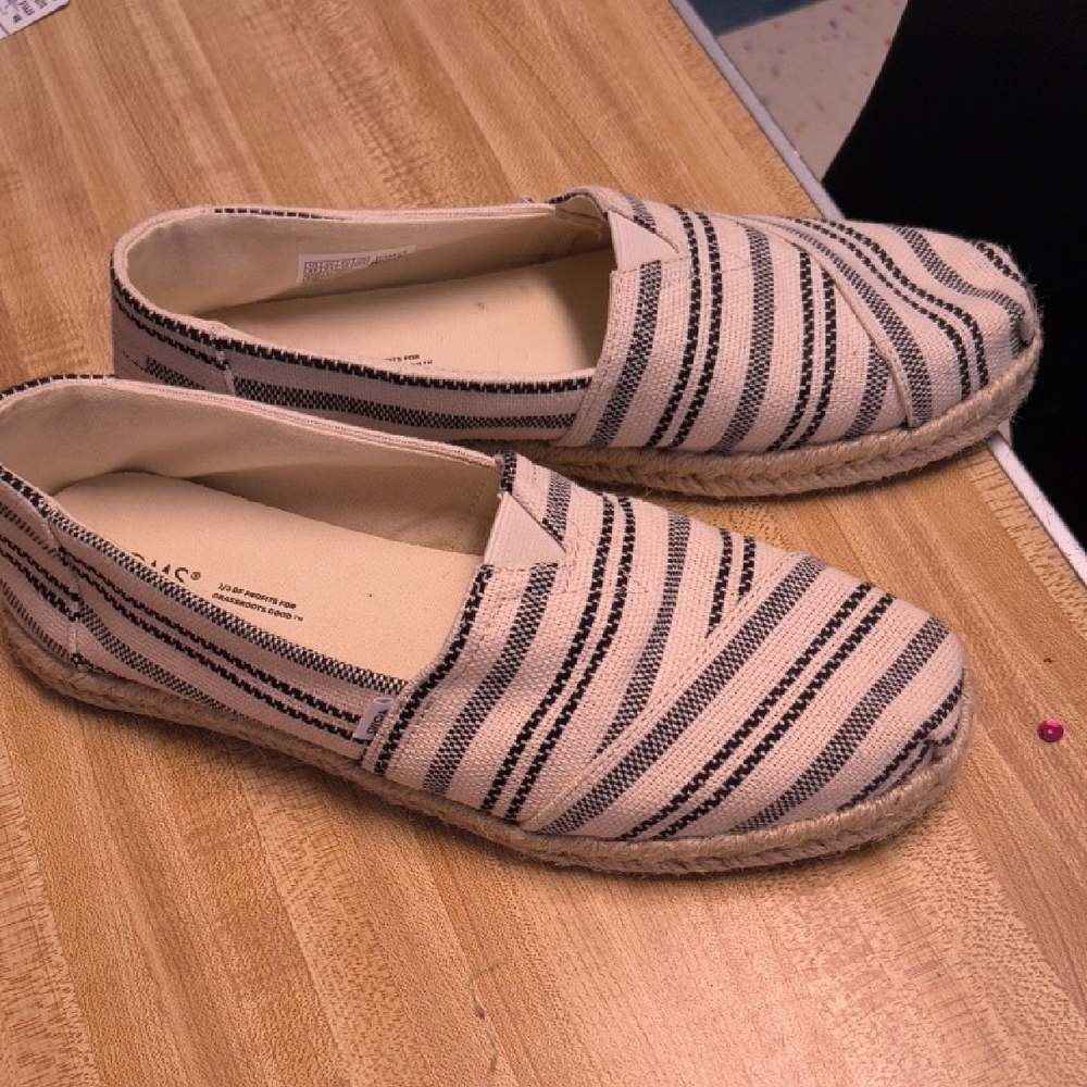 Toms Beige and Black Striped Espadrille Slip-Ons for Women